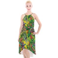 The Chameleon Colorful Mushroom Jungle Flower Insect Summer Dragonfly High-low Halter Chiffon Dress  by Cemarart