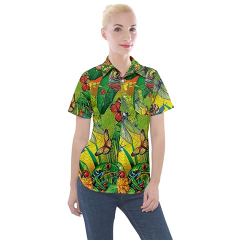 The Chameleon Colorful Mushroom Jungle Flower Insect Summer Dragonfly Women s Short Sleeve Pocket Shirt by Cemarart