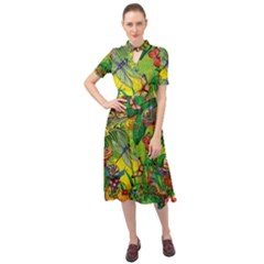 The Chameleon Colorful Mushroom Jungle Flower Insect Summer Dragonfly Keyhole Neckline Chiffon Dress by Cemarart