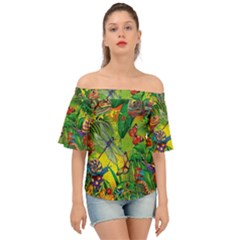 The Chameleon Colorful Mushroom Jungle Flower Insect Summer Dragonfly Off Shoulder Short Sleeve Top