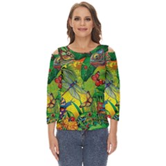 The Chameleon Colorful Mushroom Jungle Flower Insect Summer Dragonfly Cut Out Wide Sleeve Top