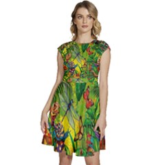 The Chameleon Colorful Mushroom Jungle Flower Insect Summer Dragonfly Cap Sleeve High Waist Dress by Cemarart