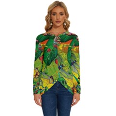 The Chameleon Colorful Mushroom Jungle Flower Insect Summer Dragonfly Long Sleeve Crew Neck Pullover Top by Cemarart