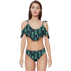 Peacock Pattern Ruffle Edge Tie Up Bikini Set	 by Cemarart