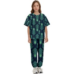 Peacock Pattern Kids  T-shirt And Pants Sports Set by Cemarart