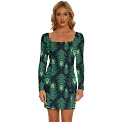 Peacock Pattern Long Sleeve Square Neck Bodycon Velvet Dress by Cemarart