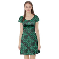 Green Damask Pattern Vintage Floral Pattern, Green Vintage Short Sleeve Skater Dress by nateshop