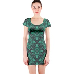 Green Damask Pattern Vintage Floral Pattern, Green Vintage Short Sleeve Bodycon Dress by nateshop