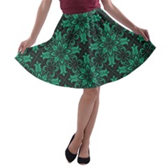 Green Damask Pattern Vintage Floral Pattern, Green Vintage A-line Skater Skirt by nateshop