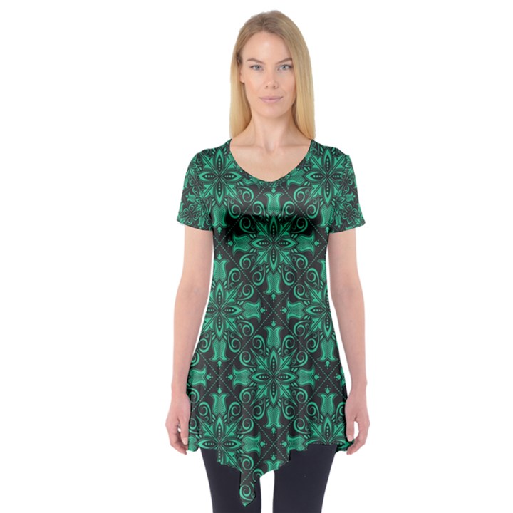 Green Damask Pattern Vintage Floral Pattern, Green Vintage Short Sleeve Tunic 