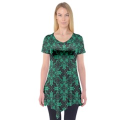 Green Damask Pattern Vintage Floral Pattern, Green Vintage Short Sleeve Tunic  by nateshop