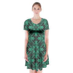 Green Damask Pattern Vintage Floral Pattern, Green Vintage Short Sleeve V-neck Flare Dress by nateshop