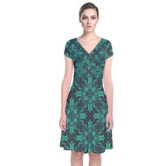 Green Damask Pattern Vintage Floral Pattern, Green Vintage Short Sleeve Front Wrap Dress by nateshop