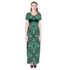 Green Damask Pattern Vintage Floral Pattern, Green Vintage Short Sleeve Maxi Dress by nateshop