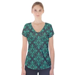 Green Damask Pattern Vintage Floral Pattern, Green Vintage Short Sleeve Front Detail Top by nateshop