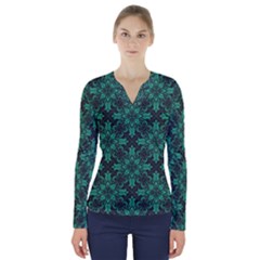 Green Damask Pattern Vintage Floral Pattern, Green Vintage V-neck Long Sleeve Top by nateshop