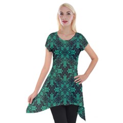 Green Damask Pattern Vintage Floral Pattern, Green Vintage Short Sleeve Side Drop Tunic by nateshop