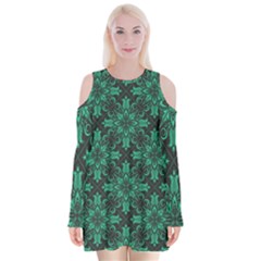 Green Damask Pattern Vintage Floral Pattern, Green Vintage Velvet Long Sleeve Shoulder Cutout Dress by nateshop