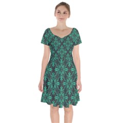 Green Damask Pattern Vintage Floral Pattern, Green Vintage Short Sleeve Bardot Dress by nateshop