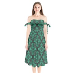 Green Damask Pattern Vintage Floral Pattern, Green Vintage Shoulder Tie Bardot Midi Dress by nateshop