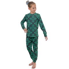 Green Damask Pattern Vintage Floral Pattern, Green Vintage Kids  Long Sleeve Set  by nateshop