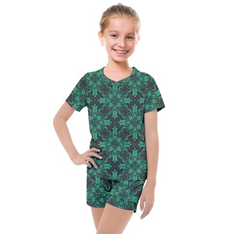 Green Damask Pattern Vintage Floral Pattern, Green Vintage Kids  Mesh T-shirt And Shorts Set by nateshop