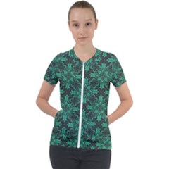 Green Damask Pattern Vintage Floral Pattern, Green Vintage Short Sleeve Zip Up Jacket by nateshop