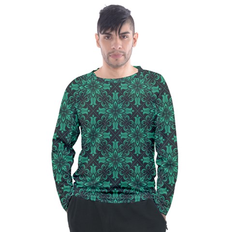 Green Damask Pattern Vintage Floral Pattern, Green Vintage Men s Long Sleeve Raglan T-shirt by nateshop