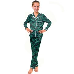 Green Damask Pattern Vintage Floral Pattern, Green Vintage Kids  Satin Long Sleeve Pajamas Set by nateshop