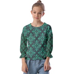 Green Damask Pattern Vintage Floral Pattern, Green Vintage Kids  Cuff Sleeve Top