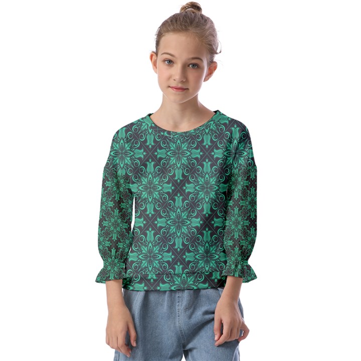 Green Damask Pattern Vintage Floral Pattern, Green Vintage Kids  Cuff Sleeve Top