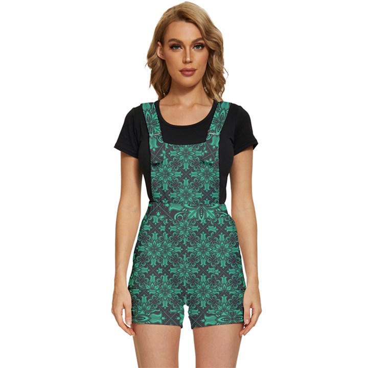 Green Damask Pattern Vintage Floral Pattern, Green Vintage Short Overalls