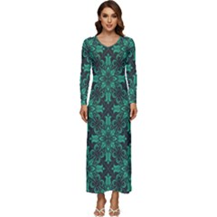 Green Damask Pattern Vintage Floral Pattern, Green Vintage Long Sleeve Longline Maxi Dress by nateshop