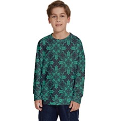 Green Damask Pattern Vintage Floral Pattern, Green Vintage Kids  Crewneck Sweatshirt by nateshop