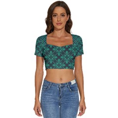 Green Damask Pattern Vintage Floral Pattern, Green Vintage Short Sleeve Square Neckline Crop Top  by nateshop