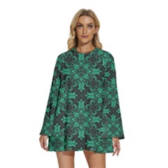 Green Damask Pattern Vintage Floral Pattern, Green Vintage Round Neck Long Sleeve Bohemian Style Chiffon Mini Dress by nateshop