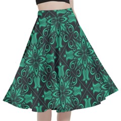 Green Damask Pattern Vintage Floral Pattern, Green Vintage A-line Full Circle Midi Skirt With Pocket