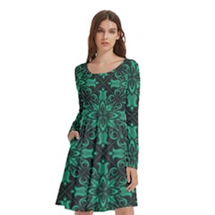 Green Damask Pattern Vintage Floral Pattern, Green Vintage Long Sleeve Knee Length Skater Dress With Pockets