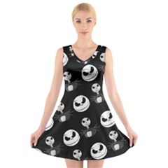 Jack Print, White, Before, Plain, Black, Simple, Christmas V-neck Sleeveless Dress