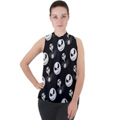 Jack Print, White, Before, Plain, Black, Simple, Christmas Mock Neck Chiffon Sleeveless Top by nateshop