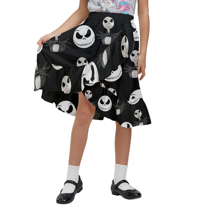 Jack Print, White, Before, Plain, Black, Simple, Christmas Kids  Ruffle Flared Wrap Midi Skirt