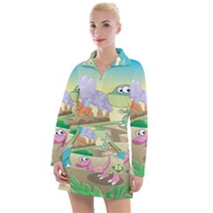 Kids Mural Cartoon Dinosaur Women s Long Sleeve Casual Dress by nateshop