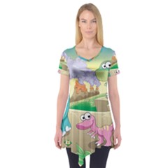 Kids Mural Cartoon Dinosaur Short Sleeve Tunic  by nateshop