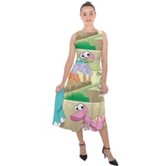 Kids Mural Cartoon Dinosaur Midi Tie-back Chiffon Dress by nateshop