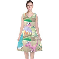 Kids Mural Cartoon Dinosaur V-neck Midi Sleeveless Dress  by nateshop