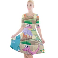 Kids Mural Cartoon Dinosaur Quarter Sleeve A-line Dress by nateshop