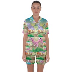 Kids Mural Cartoon Dinosaur Satin Short Sleeve Pajamas Set by nateshop