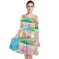 Kids Mural Cartoon Dinosaur Quarter Sleeve Waist Band Dress by nateshop