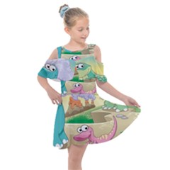 Kids Mural Cartoon Dinosaur Kids  Shoulder Cutout Chiffon Dress by nateshop