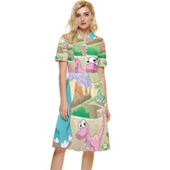 Kids Mural Cartoon Dinosaur Button Top Knee Length Dress by nateshop